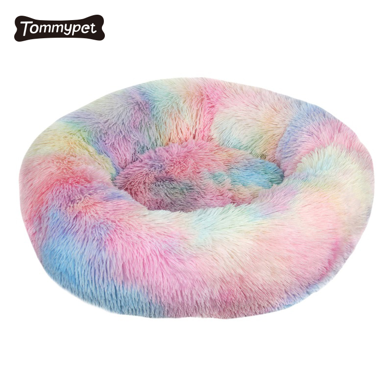 Tie-dye Gradient Color Pet Factory Original Fluffy Shag Redondo Faux Fur Pet Cat Cozy Cuddler Calming Donut Dog Bed